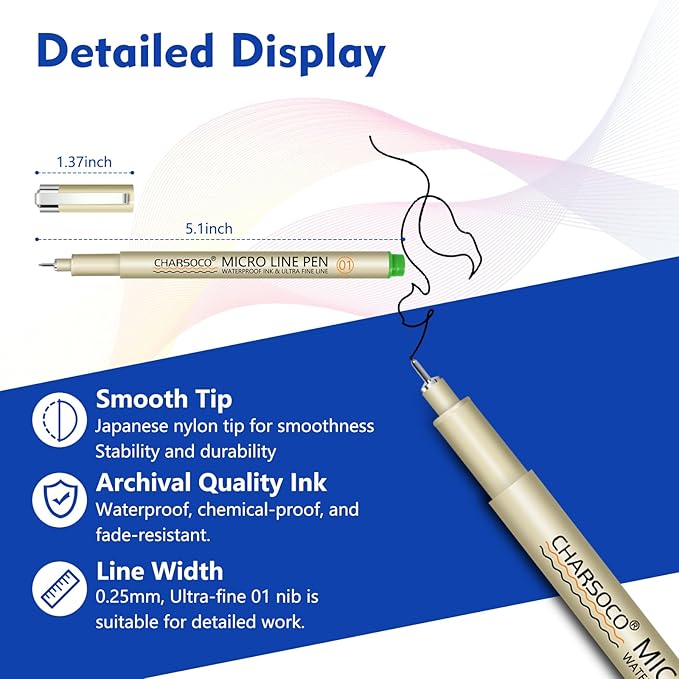 CHARSOCO 01 Micro Pen, Waterproof Archival Ink, 0.25mm Fineliner Ink Pens for Artist Illustration, Sketching, Anime, Manga, Technical Drawing and Scrapbooking, Fine Point Pen with 24 Colors