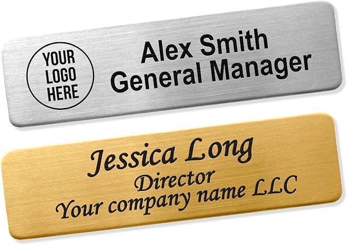 Custom Engraved ID Name Tag Badges Identification Personalized with Text & Logos, Metal Name for Clothing with Pin or Magnetic Backing Plates for Business and Employees (Text with Logo)