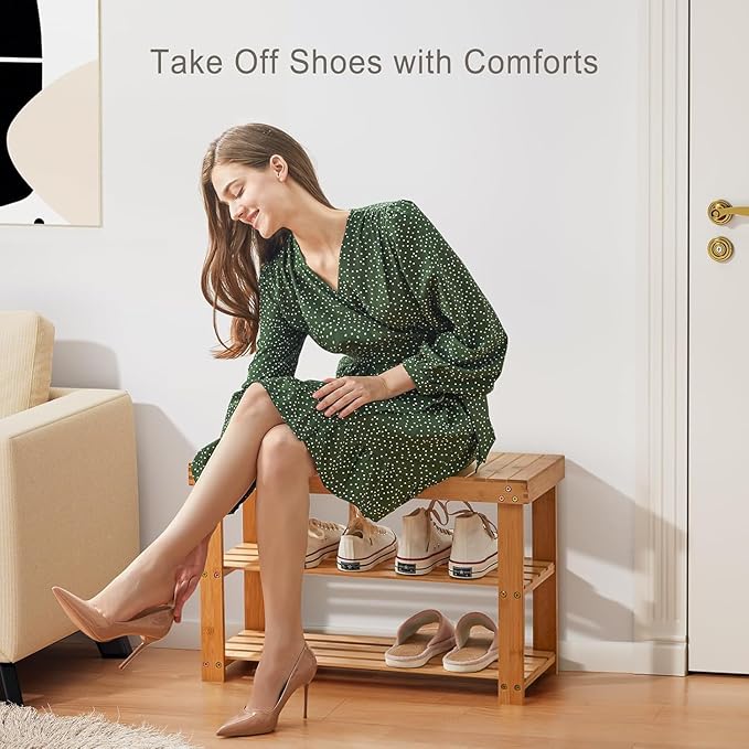 Pipishell 3 Tier Bamboo Shoe Rack Bench - Sturdy Shoe Organizer Holds up to 300lbs for Entryway, Bedroom, Living Room, Balcony