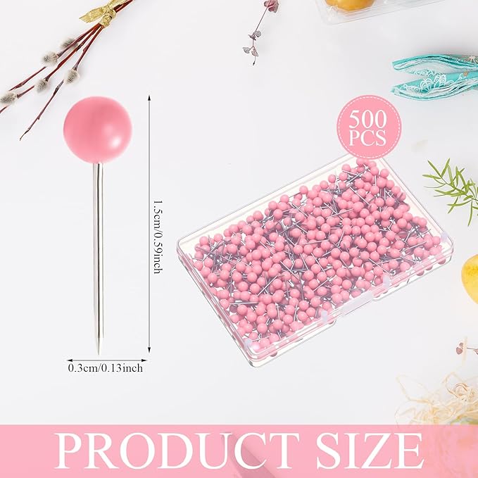 WILLBOND 500 Pack Map Push Pins Map Tacks Small Round Head Push Pins Thumb Tacks for Travel Picture Photo Bulletin Board Wall DIY Craft School Office Home(Pink,1/6 Inch)