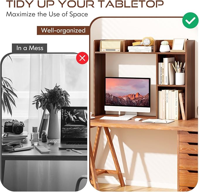 Tangkula Desktop Bookshelf, Countertop Storage Hutch with Shelves for Computer Desk, Desk 3-Tier Display Rack, Multipurpose Wood Desktop Hutch Storage Organizer for Dorm Office (Walnut,5 Shelves)