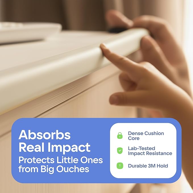 Furniture Edge and Corner Guards | 20.4ft Protective Foam Cushion | 18ft Bumper 8 Adhesive Childsafe Corners | Baby Child Proofing Set NonToxic and Safe for Table, Fireplace, Countertop | White