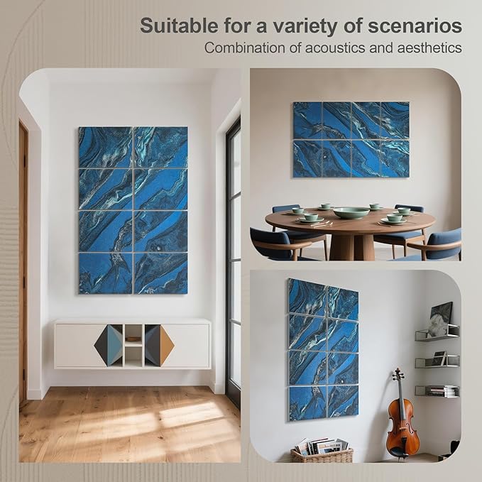 UMIACOUSTICS 8 Pcs 0.7Inch Thick Art Acoustic Panels, Total 47.2” x 31.5” Decorative Sound Absorbing Art Panels, Acoustical Wall Panels for Home, Office, Hotel, Dark Night Blue