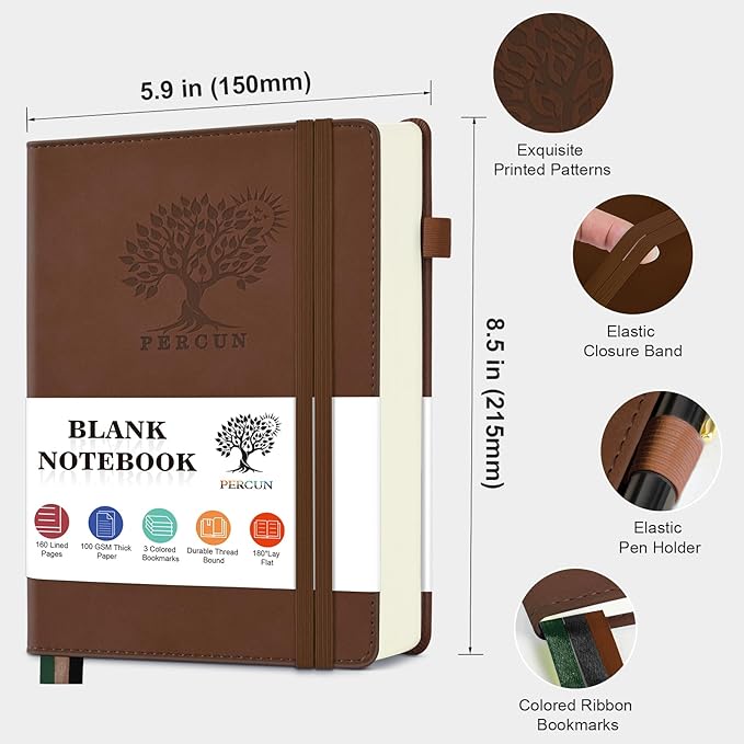 PERCUN Blank Journal Ntebook for Men & Women, 160 Pages Blank Journals for Writing, Drawing,Sketch Book,5.9" x 8.5" Leather Sketchbook, Unlined Notebook for Work, School, Art (Brown)