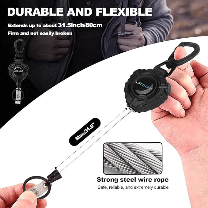 LATTHANT id Badge Holder Retractable Clip, 2 Pack Heavy Duty Retractable Keychain with 31.5 in Smooth Steel Cord, Durable 360-degree Rotating Carabiner Badge Holders for Work, Fishing, 9 oz