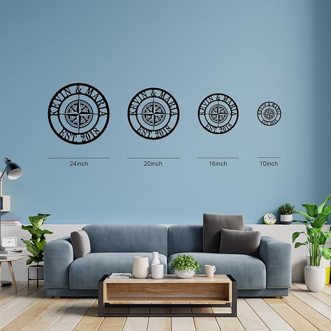 Metal Name Signs Personalized, Compass Metal Sign, Nautical Compass GPS Coordinates Metal Sign with Last Name Date, Personalized Wall Decor, Personalized Wedding Gift
