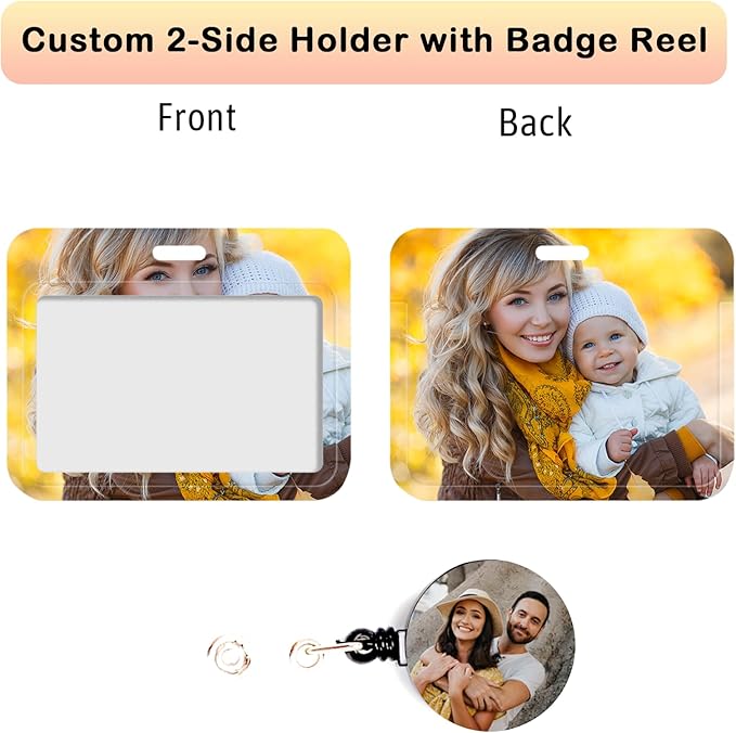 Custom Badge ID Card Holder Personalized Retractable Badges Reel Clip with Picture Photo, 1,50 Pack Bulk - Horizontal