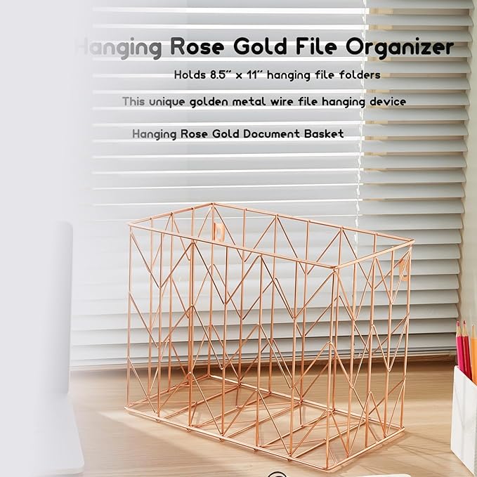 Fei Bi 1 Pack Metal Hanging Rose Gold File Organizer, Basket, Box, Storage Box, Office and School Supplies Organizer