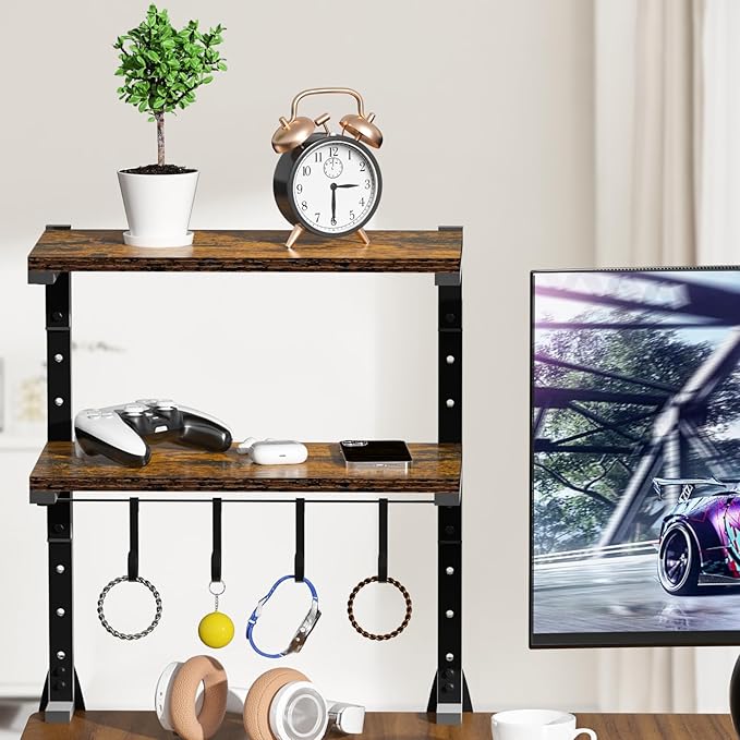 AUATRONNE Clamp-on Desk Shelf, 13 inch Above or Below Desk 2-Tier Shelving, Adjustable Metal Storage Tray for Gaming Devices or Office Desk Accessories and More, Brown, Patent Pending