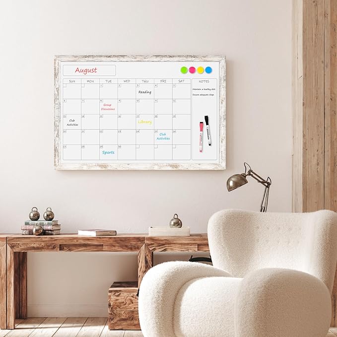 Monthly Dry Erase Calendar Whiteboard for Wall, 36" x 24" Magnetic White Board Calendar Board - Rustic Vintage Wooden Frame
