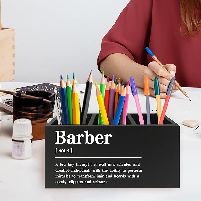 QZQE Barber Definition Pen Pencil Holder Organizer for Desk, Salon Barbershop Decor, Modern Minimalist Barber Shop Wooden Box Signs Decorations for Home Office Desk Tabletop