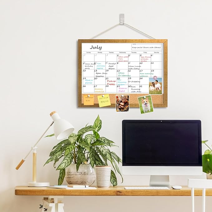 Calendar Whiteboard for Wall, 17x13 Inches White Board Calendar Dry Erase, Small Magnetic Monthly White Board with Gold Wood Frame, Hanging Dry Erase Board for Kitchen Home Office School Planner