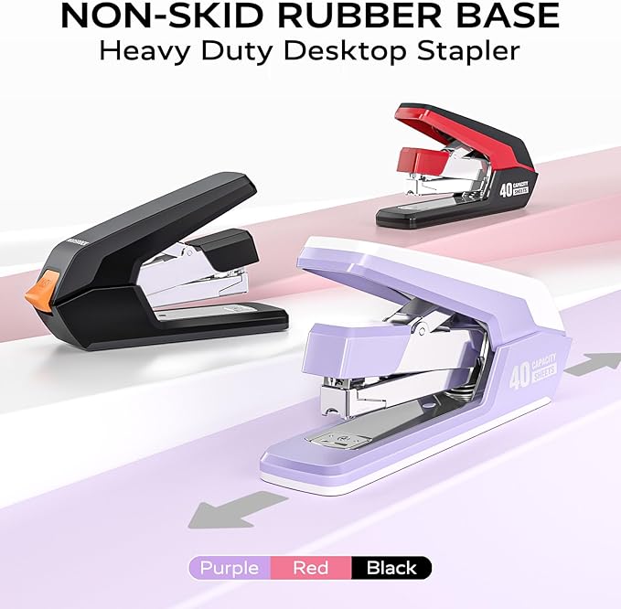 MARSROCK Effortless Stapler for Desk with 40-50 Sheet Capacity, 2000 Staples, 1-Touch Stapling, Ergonomic & Easy to Load Desktop Staplers, Heavy Duty Stapler, and Magnetic Staple Remover, Black