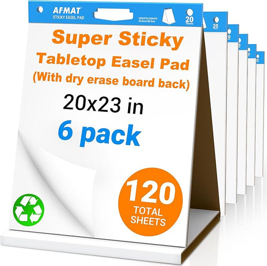 AFMAT Tabletop Sticky Easel Pad & Dry Erase Board 2 in 1, 20 x 23 in Portable Easel Stands for Teachers, Super Sticky & Bleed-Resistant, Ideal for Meetings/Training/Presentation, 20 Sheets/Pad, 6 Pads