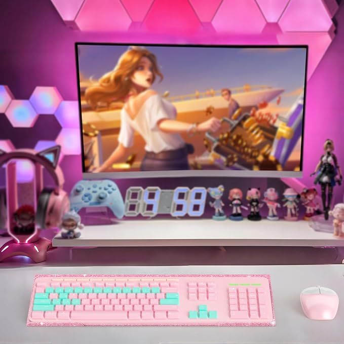 BEEGO Ergonomic Computer Keyboard Stand - Glitter Pink Acrylic Keyboard Riser Tilted Keyboard Holder Keyboard Tray with Pink Non-Slip Strip for Easy Typing at Home School Office Desk Accessories