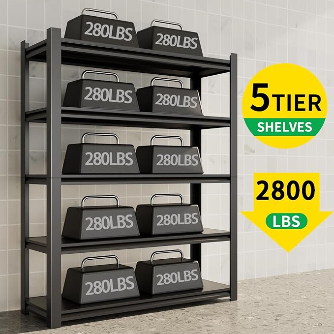CBCNWR 72''H Garage Storage Shelves, 2800LBS Steel Heavy Duty Storage Shelves, Adjustable 5-Tier Metal Shelf Rack, Heavy Duty Shelving for Garage,Warehouse,Basement,Pantry–Black 47" W x19.7 D x72 H