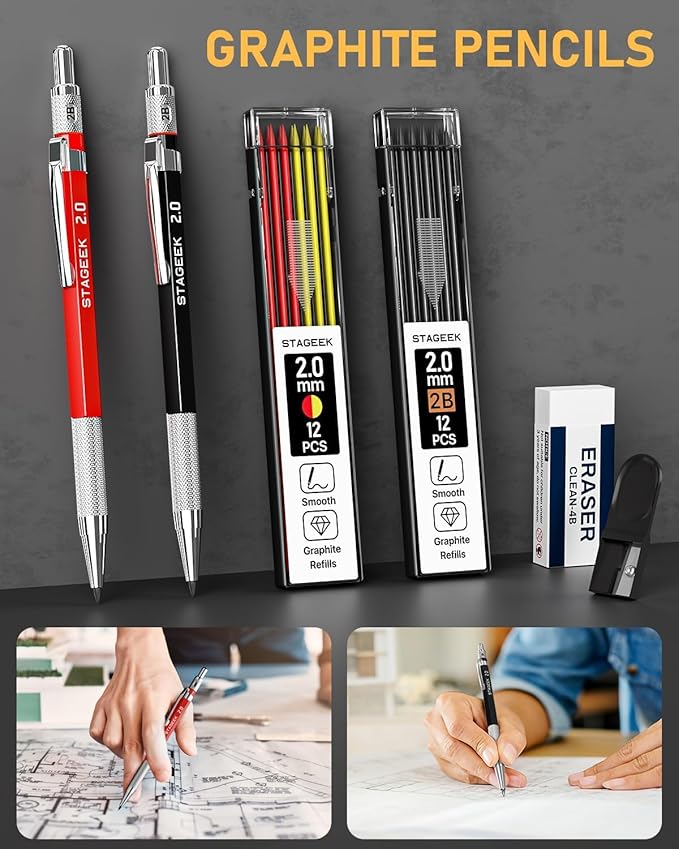 STAGEEK 17 Pack Carpenter Pencil Set with Sharpener, Mechanical Carpenter Pencils with 60 Refills, Deep Hole Long-Nib Marker Pens, Carbide Scribe Tool & Construction Pencils for Architect with Case