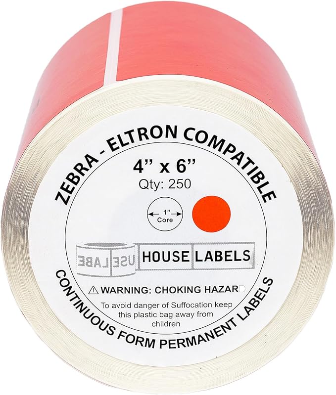 HOUSELABELS 4" x 6" Red Shipping Labels on 1" Core Compatible with Zebra and Rollo Printers, 2 Rolls / 250 Labels per Roll