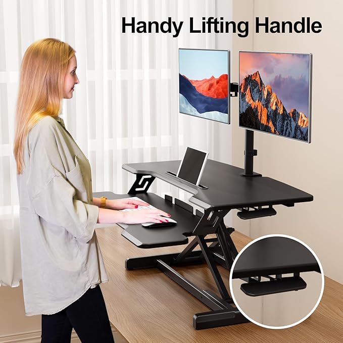 JYLH JOYSEEKER Standing Desk Converter 32 inch, Height Adjustable Sit Stand Desk Riser, Quick Sit to Stand Tabletop Dual Monitor Riser Workstation for Home Office with Keyboard Tray, Black