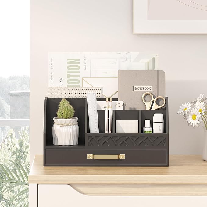 Wisuce Essentials Bamboo Desk Organizer with Drawers, Mail Organizer Countertop Wood Desk Drawer Tabletop Storage Organization Pen Holder Letter Sorter Makeup Organizer for School Home Office (Black)