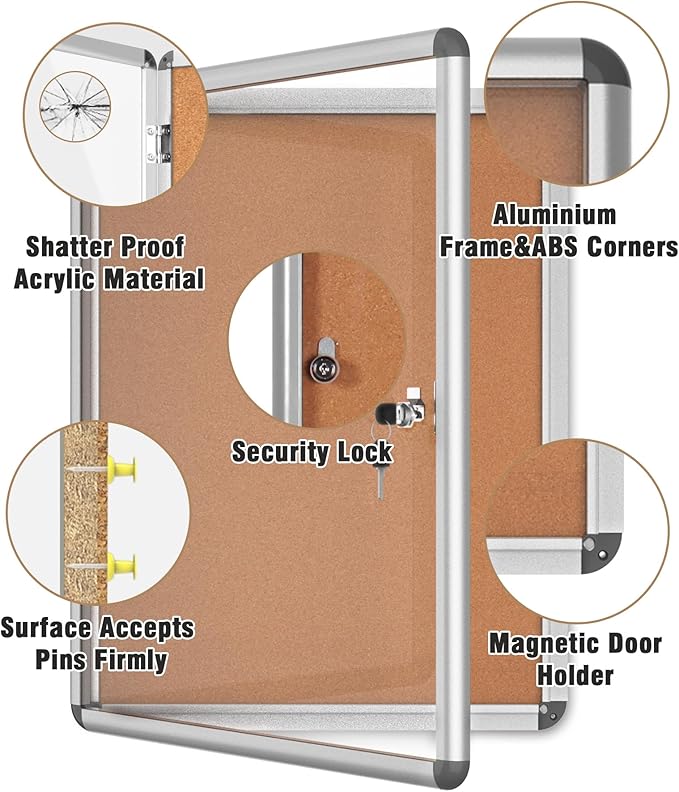 Mifuro 26"x20" Enclosed Bulletin Board, Lockable Weather-Resistant Aluminum Cork Noticeboard for School & Office, Silver Frame w/Cork