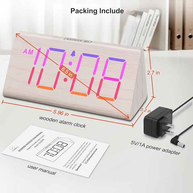 DreamSky Wooden Digital Alarm Clock for Bedroom - RGB Electric Desk Clock with Large Numbers, USB Port, Loud Alarm for Heavy Sleepers, Dimmer and Volume Control, Snooze, Wood Décor (Adapter Powered)