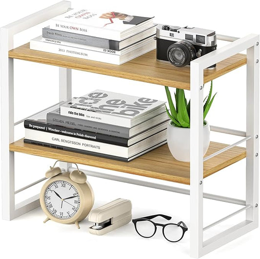 ART-GIFTREE Office Desk Shelf Organizer, Wood Desktop Bookshelf Supplies Storage Rack, Shelf for Top of Desk and Dresser (White-2 Tier)