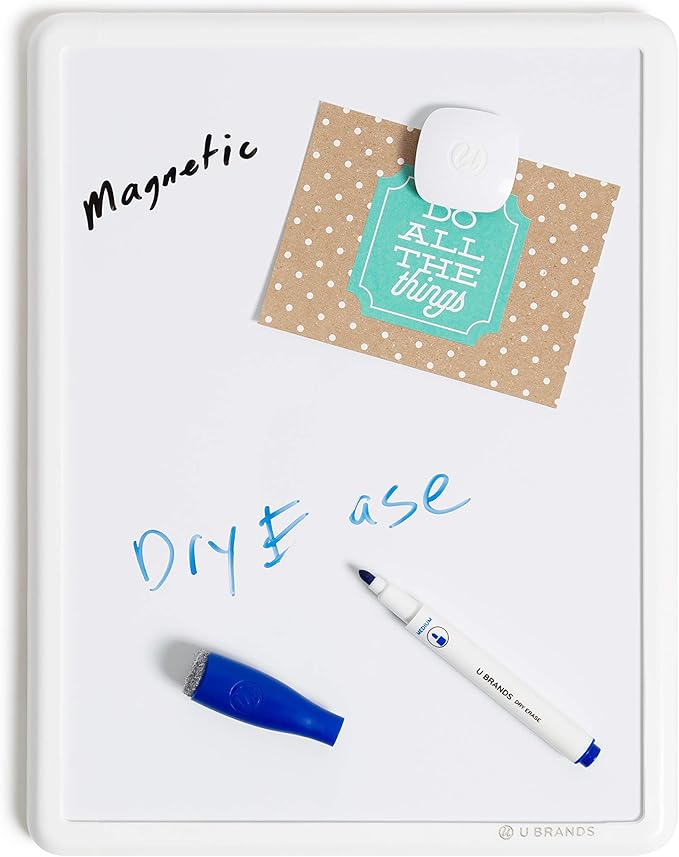 U Brands Contempo Magnetic Small Whiteboard, 8.5” x 11”, White Modern Frame, Mini White Board for Kids and Students, Fridge and Locker Dry Erase Board, Includes 4 Markers & Magnet