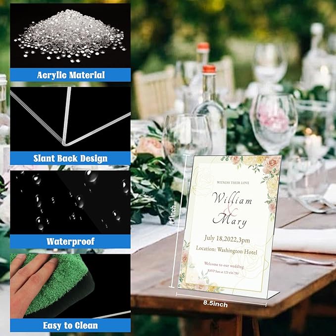 Laerjin Acrylic Sign Holder 8.5 x 11 - 10 Pack Clear Slanted L-Shaped Display Stand, Flyer & Menu Frame, Side Loading Paper Signage Holder - Office, Restaurant, Trade Show Use