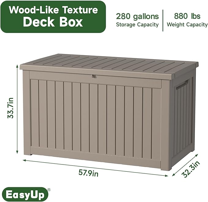 EasyUp 280 Gallon Deck Boxes Waterproof, Outdoor Large Storage Boxes with Lids, Outside Resin Storage Box & Deck Boxes for Patio, Garden Use(Gray)