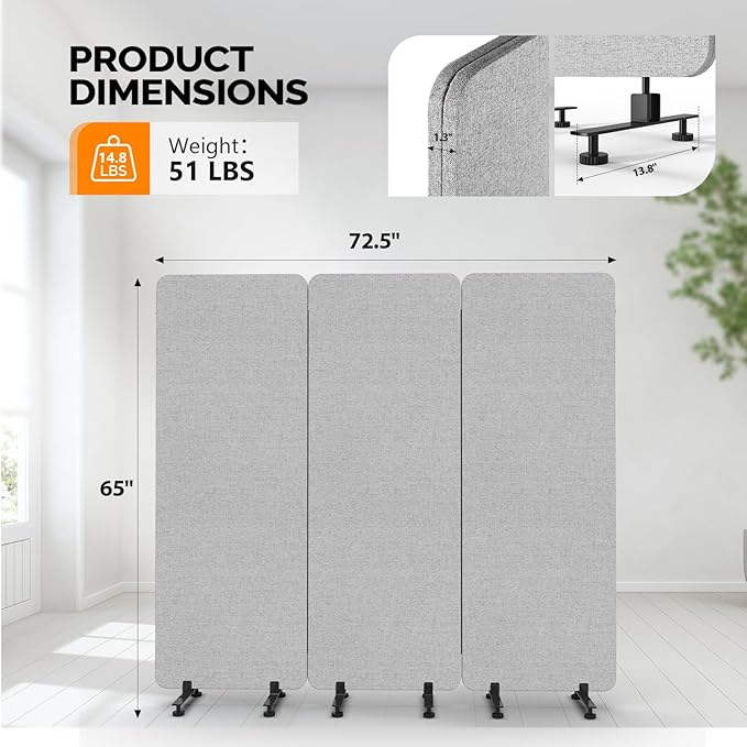 VINGLI Room Divider Screen, Freestanding Privacy Partition Wall, Zipper Connected Panels with Wheels, Office Space Separator (Light Gray, 3 Panel)