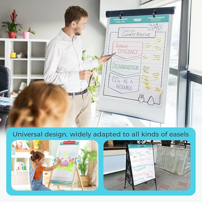 FAHKNS Lined Sticky Easel Pad，Large 25x30 Inch Self-Adhesive Teacher'S Flip Chart Paper, Easel Pad with Dry Erase Surface for Classroom/Office, White, 30 Sheets/Pad, 10 Pads/Pack