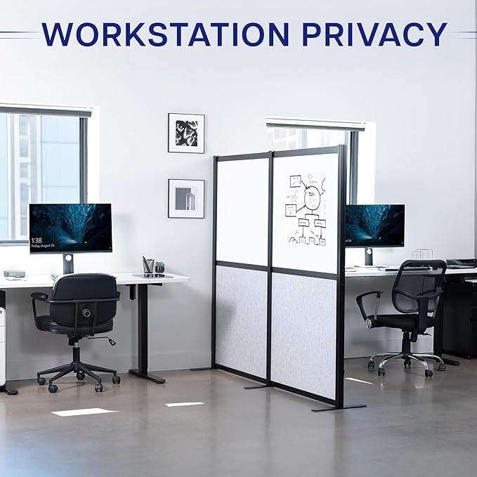 VIVO Modular Wall System, 2 PET and Whiteboard Panels, Professional Office Cubicle Dividers, Freestanding Privacy-Screen, 66 inches High, White and Light Gray, Black Frame, PP-MWS63B-WB