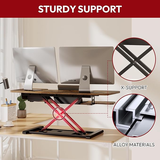 SANODESK Standing Desk Converter with Electric Motor 42" Height Adjustable Riser for Office Home,Dual Monitor and Laptop Workstation with Large Keyboard Tray, Rustic Color