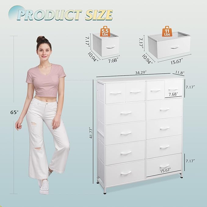 WLIVE Tall White Dresser for Bedroom with 12 Drawers, Dressers & Chests of Drawers, Fabric Dresser for Closet, Living Room, Storage Dressers with Storage Drawers, Steel Frame, Wood Top