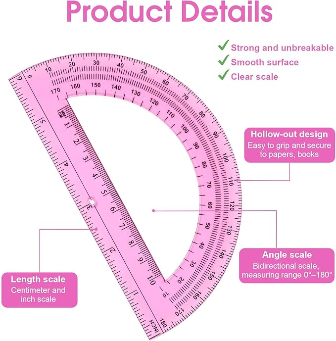 Hoiny 10 Pack Clear Protractor, 6 Inch Plastic Protractors, 180 Degrees Accurate Math Geometry Tools for School, Office, Classroom (Pink)