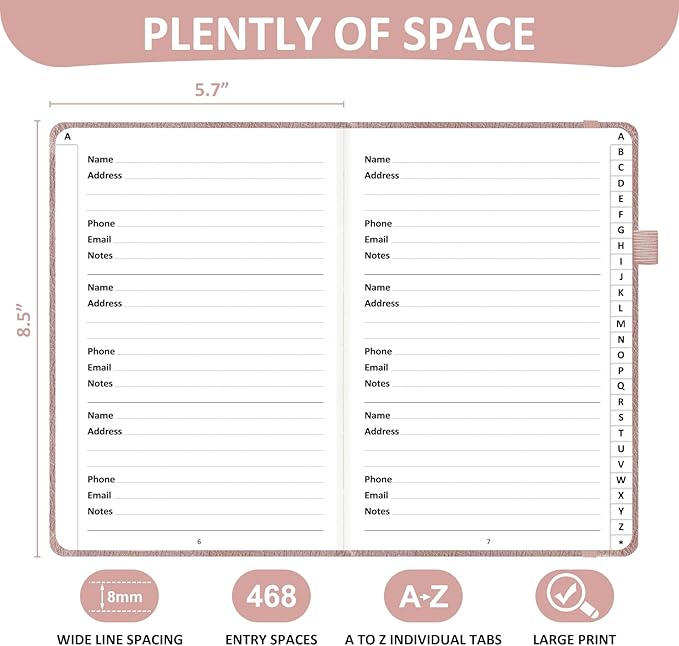 Comkiso Address Book with Individual Alphabetical Tabs Laminated, Large Print Address Book with 468 Wide Lining Entry Spaces, Change of Address Labels, Hardcover Address Book 5.7 x 8.5" - Rose Gold