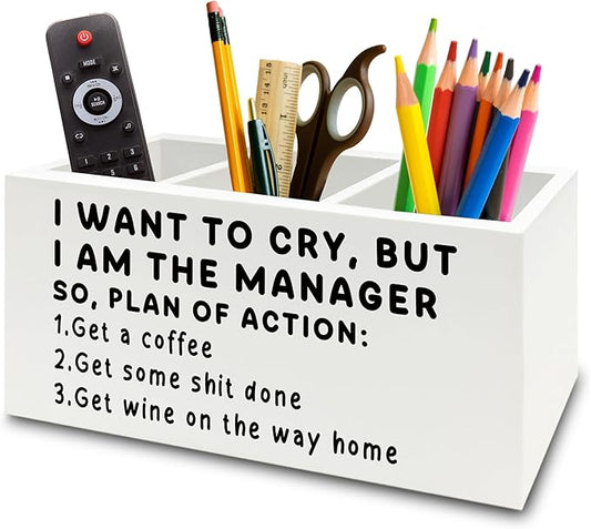 XPH Funny Pen Office Pencil Holder Organizer for Desk, Manager Gifts for Women Men, Funny Coworker Gifts Wooden Box Sign for Home Office Desk Tabletop Decorations