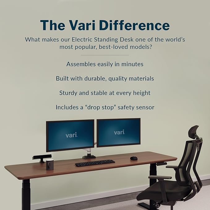 Vari Classic Electric Standing Desk - VariDesk Height Adjustable Sit/Stand Desk - Dual Motor with Memory Presets, Stable T-Style Legs - Gaming or Home Office Workstation - 72”x30”, Walnut/Black