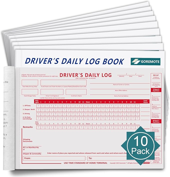 Daily Log Books for Truck Drivers with 7 & 8 Day Recap, 10 Pack, 2-Ply Carbonless, 35 Sets of Forms per Book, 8.5" x 5.5", Paper Driver Log Books for Truckers, Meet Requirements