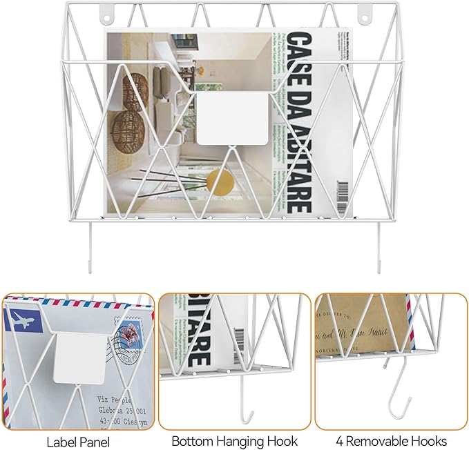 CADUKE 6 Pack Hanging Wall File Organizer Mesh Folder Holder Mail Magazine Organizer Wall Mounted with Hooks & Label Panels for Office Home, White