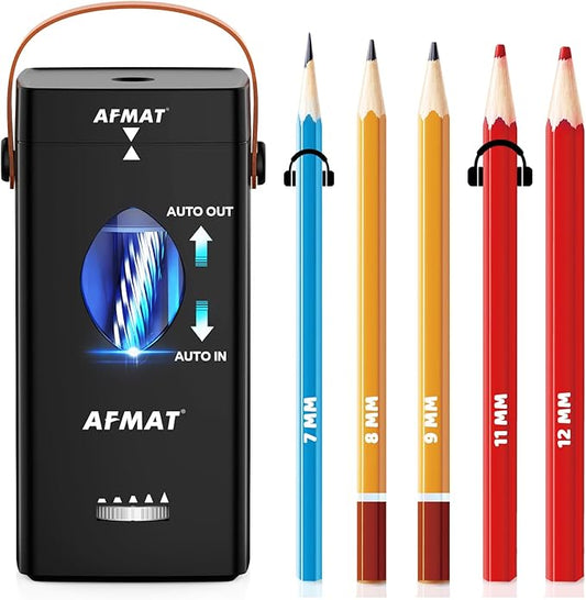 AFMAT Electric Pencil Sharpener, Fully Automatic Pencil Sharpener for 6-12mm No.2/Jumbo Pencils, Auto in & Out, 5 Sharpness Modes, Rechargeable Heavy Duty Sharpeners for Classroom/Home/Office PSC7