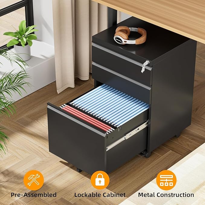 INTERGREAT 3 Drawer File Cabinet, Metal Filling Cabinets with Lock, Locking Office Mobile Cabinet with Wheels for Legal/Letter Size, Under Desk, Assembled, Black