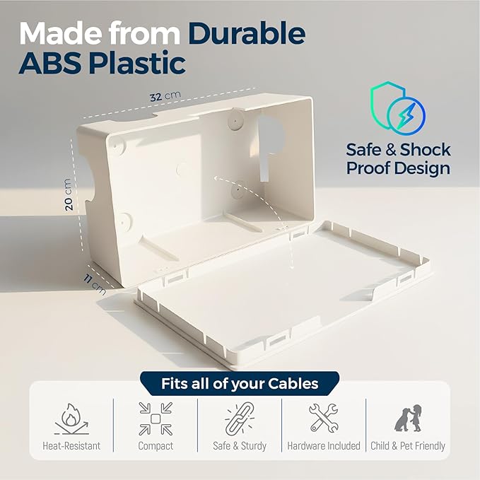 Kos Design Cable Management Box with Included Mounting Hardware – ABS Cord Organizer (12,7 x 7,8 x 4,5 in) | Heat-Tolerant Power Strip & Cable Storage | Wall-Mountable or Floor Use