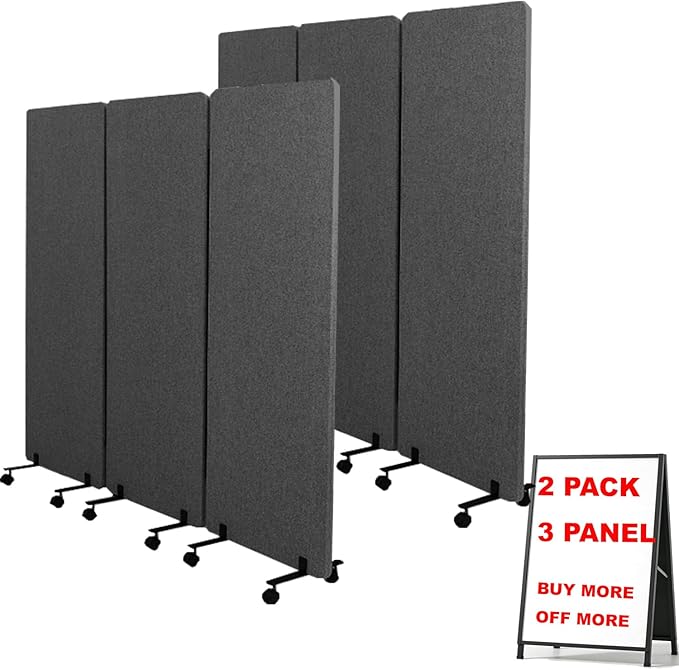 Soundproof Room Divider W/Wheels, 66in Office Dividers for Sound Proofing & Reducing, Sound Proof Dividers for Office Partitions Portable Acoustic Wall Divider (Dark Grey, 3 Panel+3 Panel)