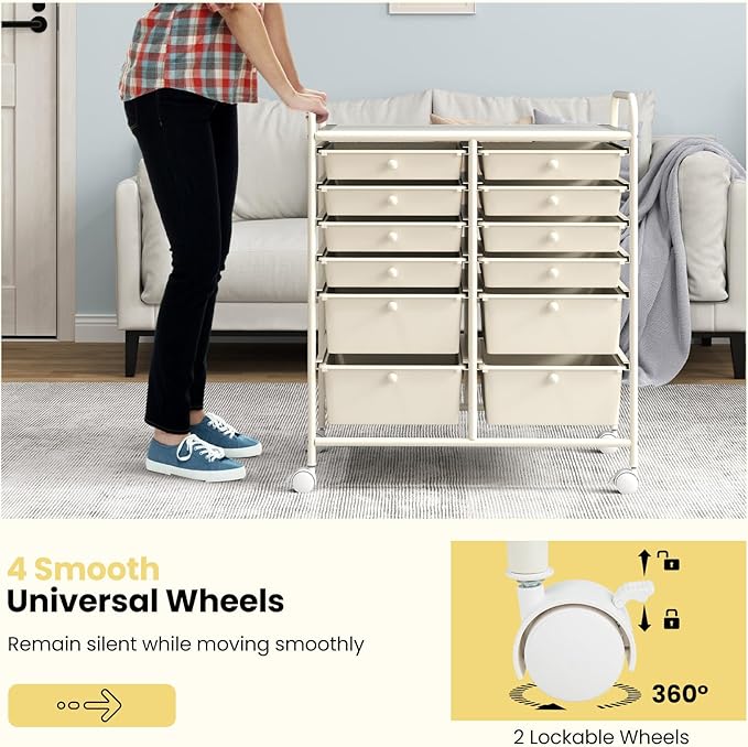 Giantex 12 Drawers Rolling Storage Cart, Classroom Organizers with Wheels for Tools Scrapbook Craft Paper Teacher Office School Supplies (Ivory)