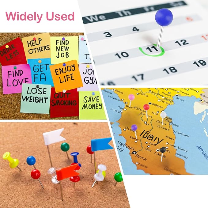 1000 Pcs Multi-Color Push Pins, Map Pins for Travel Map, Small Map Tacks with Plastic Beads Head for Cork Board (Mixed Colors, 1/4 ")