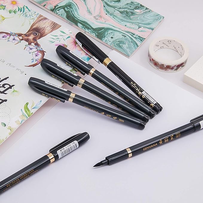Rilanmit Hand Lettering Pens, Refillable Calligraphy Pens Brush Marker Pens Set Black, 4 Size for Writing, Painting, Drawing, Pack of 6