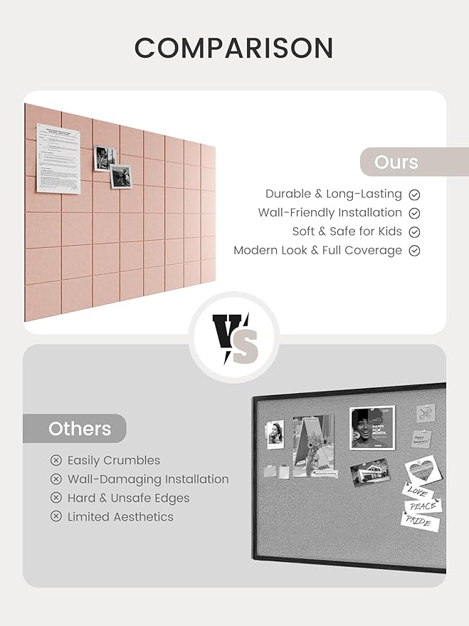 Bumusty Large Cork Board Alternative-47 x35 Felt Bulletin Board Tiles, with 30 Pushpins, 70 Adhesive Tabs, 12-Pack Slat Wall Paneling, Cork Boards for Office Push Pin Board Felt Board-Pink