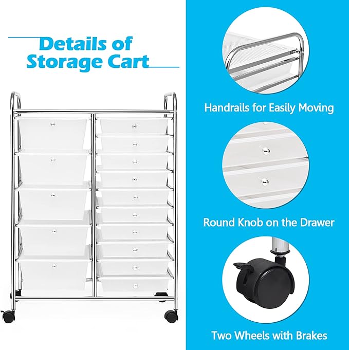 DORTALA 15-Drawer Rolling Storage Cart with Drawers, Rolling Utility Cart w/Removable Drawers & Universal Wheels, Tools Scrapbook Paper Organizer for School, Office, Home, Classroom (Clear)